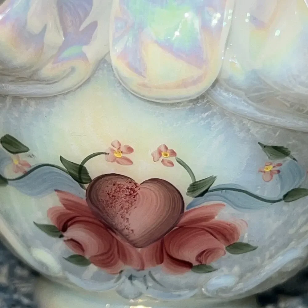 Fenton Hand painted Basket w/Handle Opalescent Signed by Artist
